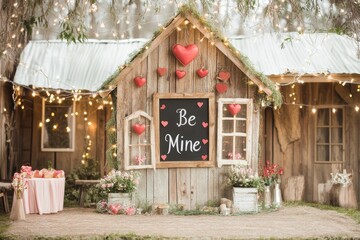 Wooden house with a blackboard that says "Be Mine" on it. The house is decorated with red hearts and lights