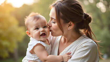 Fototapeta premium Loving mother kissing her baby's cheek, soft background, emotional connection, natural light