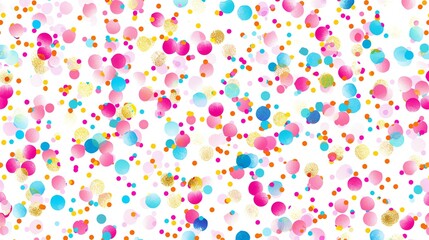 A seamless pattern of colorful dots and glitter on a white background.