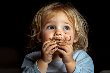 Naklejka premium Toddler girl eating chocolate snack with dirty face on black background