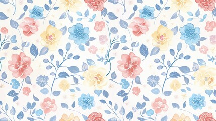 A seamless pattern with colorful flowers on a white background.