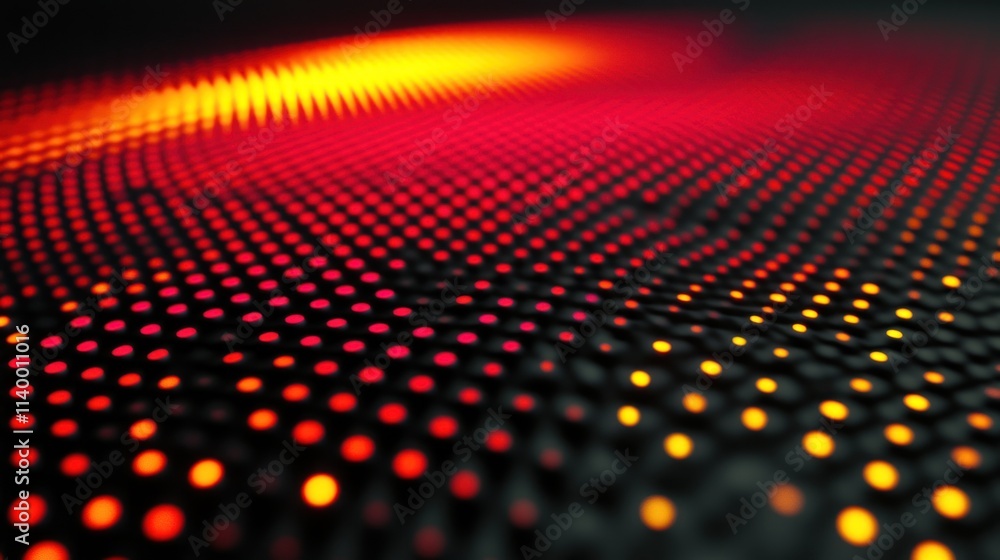Aufkleber abstract design featuring vibrant dots in red and orange hues on a dark background.