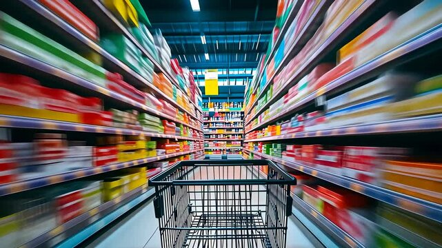 A shopping cart blurs past rows of vibrant, colorful supermarket shelves, suggesting speed and consumerism. A dynamic sense of motion contrasts the static goods, enhancing the theme of fast-paced