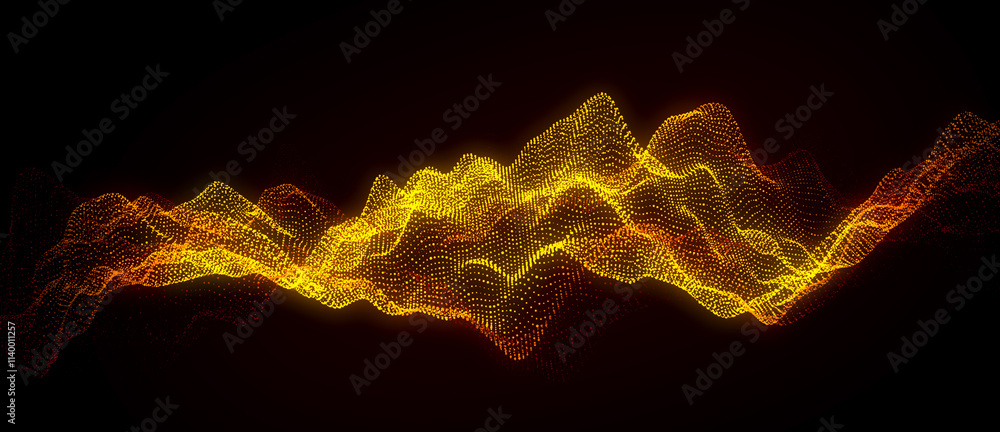 Poster Abstract digital fire circle wave on black background. Big data visualization. Analytics representation. Sphere with explosion of bright particles. 3d rendering.