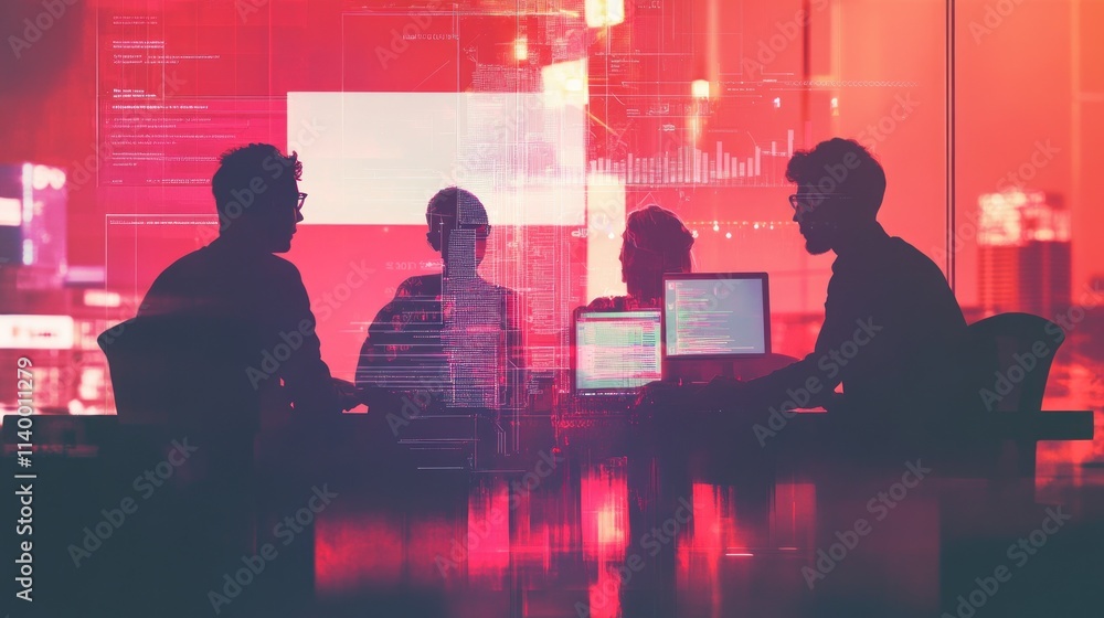Poster A group of professionals collaborating in a tech-focused environment with digital data visuals.
