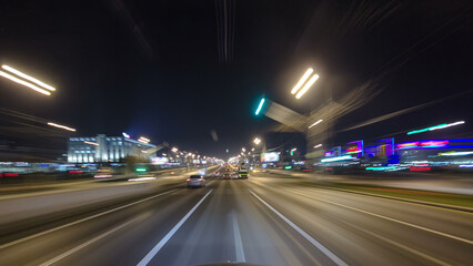 Naklejka premium Drive through Traffic of cars in Moscow city streets, timelapse hyperlapse Russia