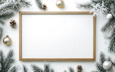 A blank billboard framed with frosted pine branches and hanging ornaments, ready for festive text, on a bright white background