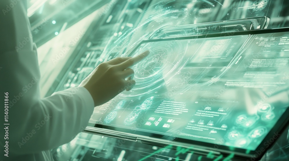 Poster A hand interacts with a futuristic touchscreen displaying data and holographic elements.