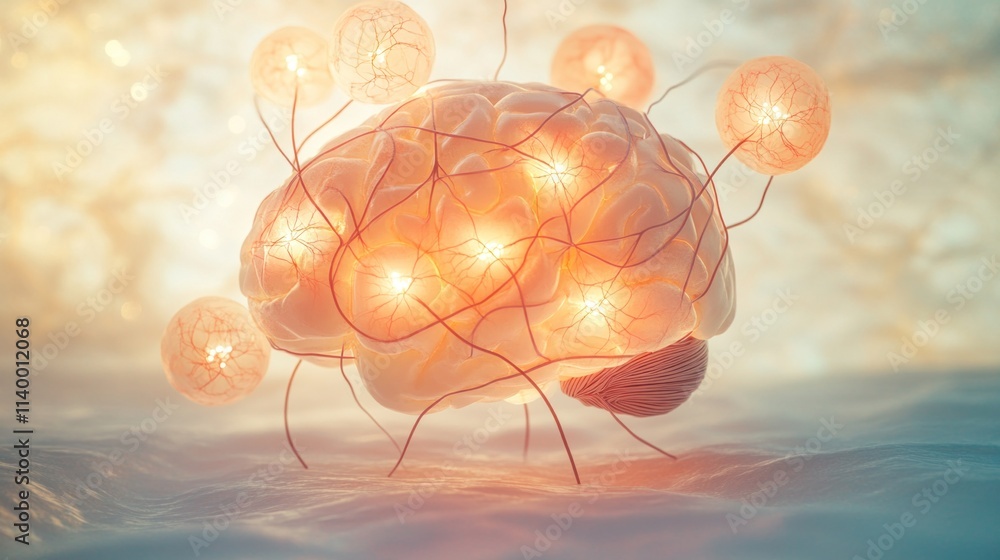 Poster human brain showing neural network communicating through connected nodes glowing with light