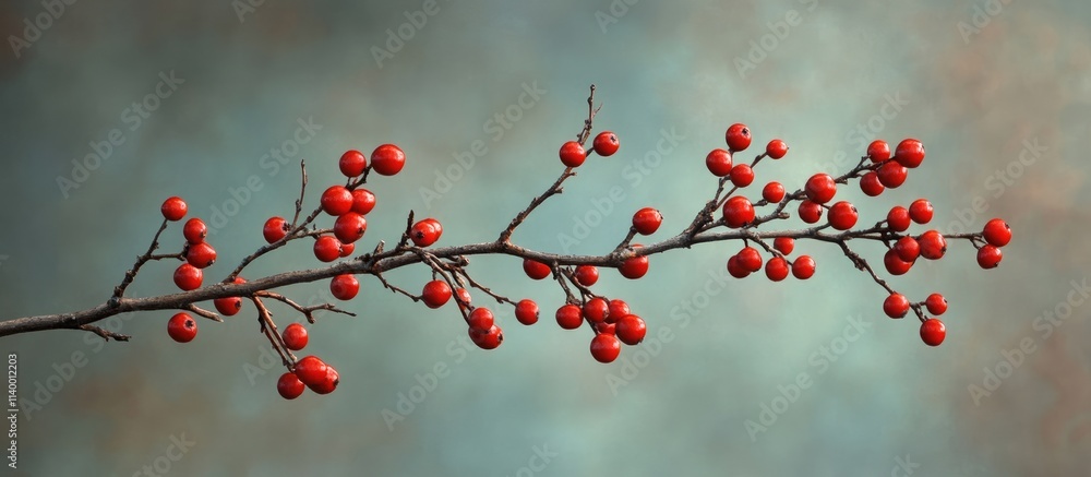 Poster christmas tree branch with vibrant red berries against a softly blurred background creating a festiv