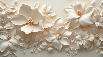 A luxurious floral composition of three-dimensional magnolias and lilies in creamy tones, arranged elegantly on a soft ivory background