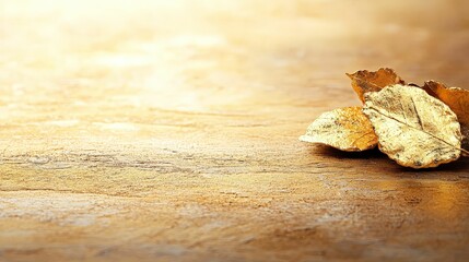 background concept. Autumn leaves resting on a wooden surface with warm lighting.