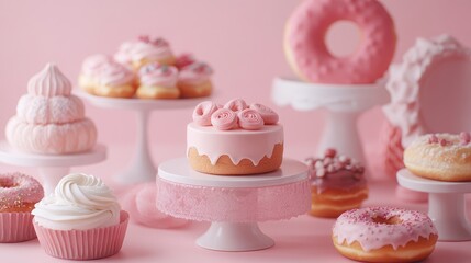 Delightful assortment of pink desserts featuring cakes and doughnuts displayed on elegant stands for a festive celebration