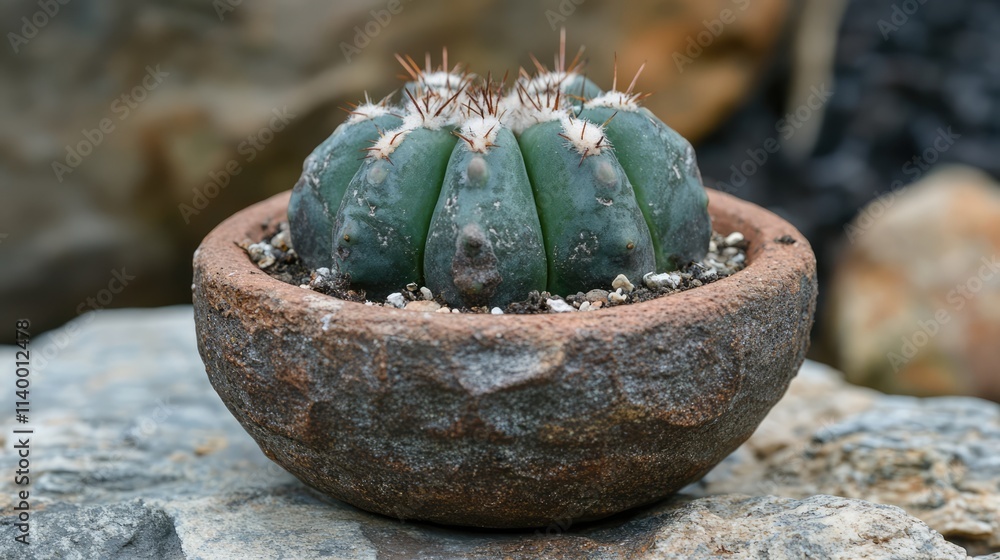 Aufkleber cactus in rustic pot displayed on textured surface with natural background and soft lighting suitabl