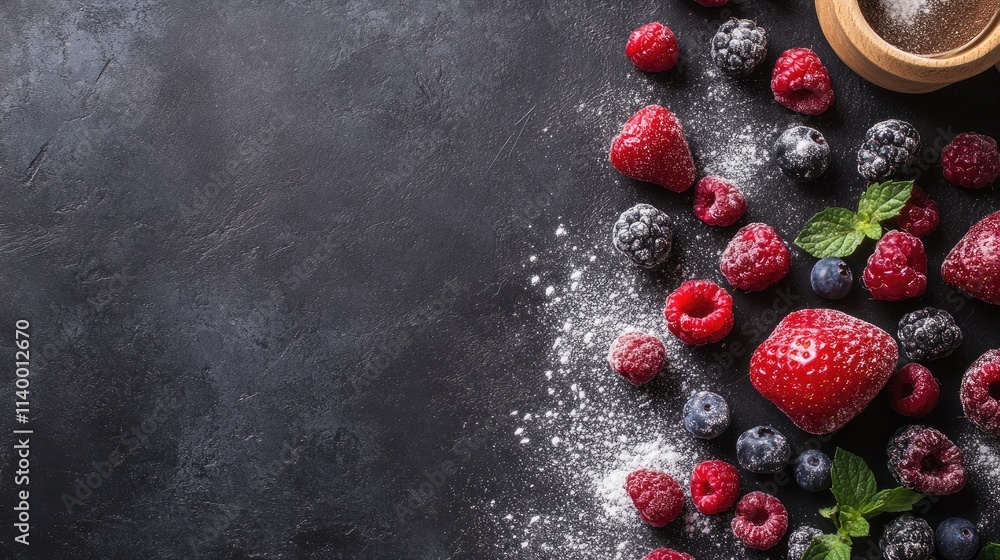 Poster fresh berries and powdered sugar scattered on a dark surface perfect for cake preparation with ample
