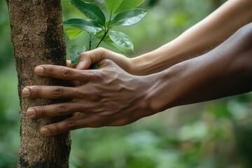 Two hands gently holding a young tree sapling, symbolizing environmental care and protection.