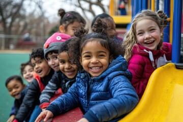 Happy children playing together at a playground, enjoying outdoor fun and friendship.