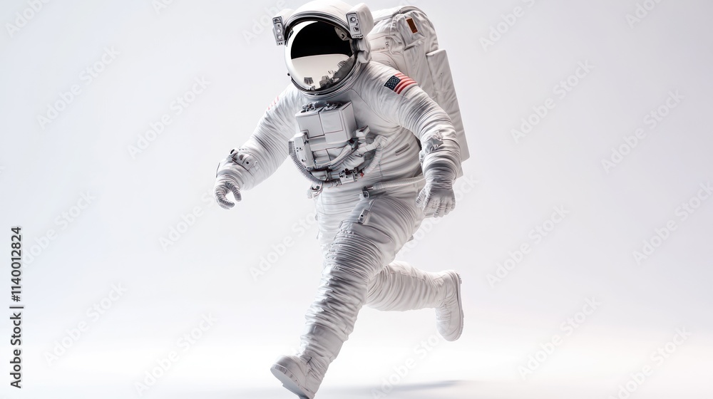 Aufkleber an astronaut in a spacesuit running in a minimalist setting.