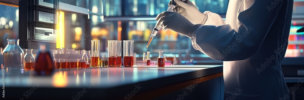 Aufkleber A scientist in a lab conducting experiments with colorful liquids in glassware.