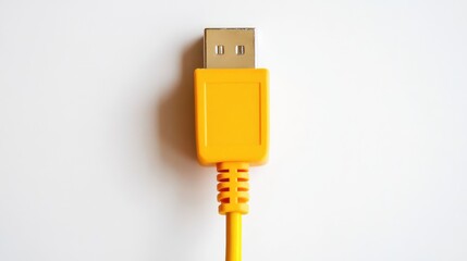Yellow USB cable connector with a white background suitable for technology and connectivity themes.