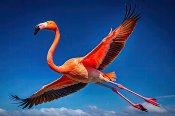 A breathtaking wildlife image: a pink flamingo soars across a tropical blue sky.  High-resolution, ideal for print and digital use.