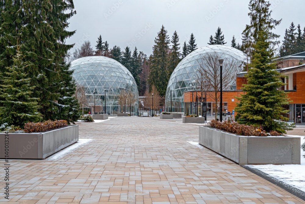 Poster two glass domes surrounded by trees and a paved pathway in a winter setting.