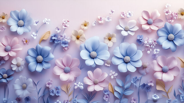 A seamless pattern of spring flowers with 3D textures and volumetric shadows on a pastel background