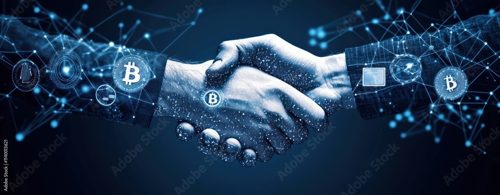 Poster A digital handshake symbolizing collaboration in cryptocurrency and blockchain technology.