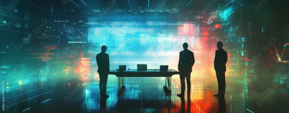 Poster Silhouetted figures in a futuristic, data-driven environment with a glowing digital backdrop.