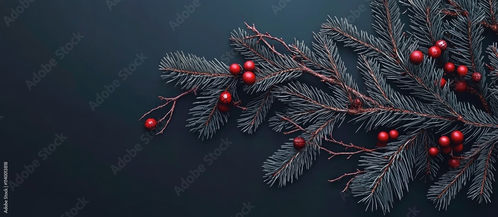 Poster christmas tree branches with red decorative berries on a dark background creating a festive and eleg