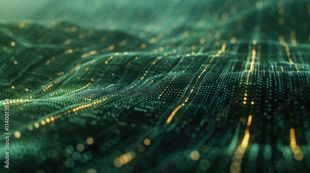 Poster flowing like a vibrant green wave with shimmering golden highlights, big data creates a dynamic and 