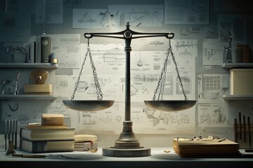 A vintage scale sits on a desk surrounded by technical drawings and old books, suggesting a concept of balanced research or justice.
