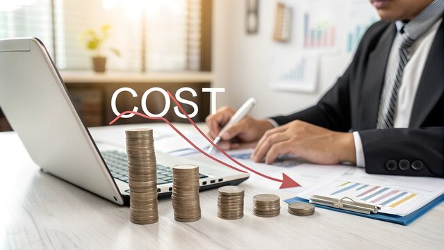 Cost reduction concept. Cost wording on decreasing coins stacking with the down arrow. Businessman working on company cost saving