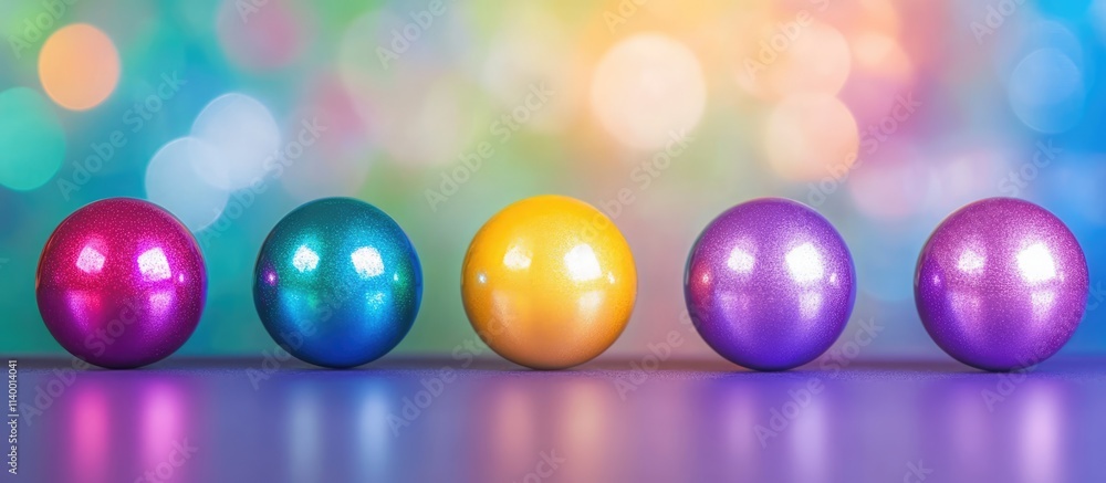 Poster colorful lustrous balls in a row with a vibrant bokeh background creating a festive and cheerful atm