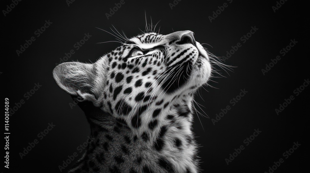 Poster a close-up of a leopard's face in black and white, showcasing its striking features.