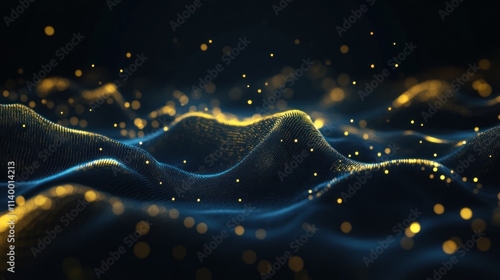 Poster abstract digital wave with glowing particles in a dark background.