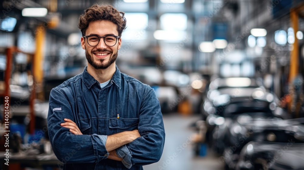 Aufkleber a smiling man in a workshop, showcasing confidence and a professional environment.