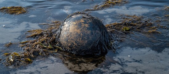 Buoy partially submerged in water covered with green seaweed floating in a serene coastal environment