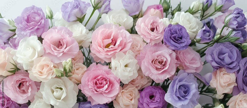 Poster elegant arrangement of multicolored eustoma flowers in pink lilac and white tones on a soft backgrou