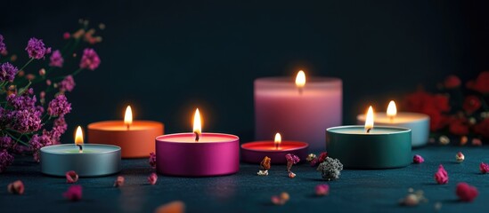 Colorful burning candles with flowers on dark background creating a serene and inviting atmosphere for relaxation and ambiance.