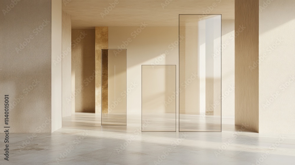 Poster A minimalist interior with transparent panels casting shadows in a softly lit space.