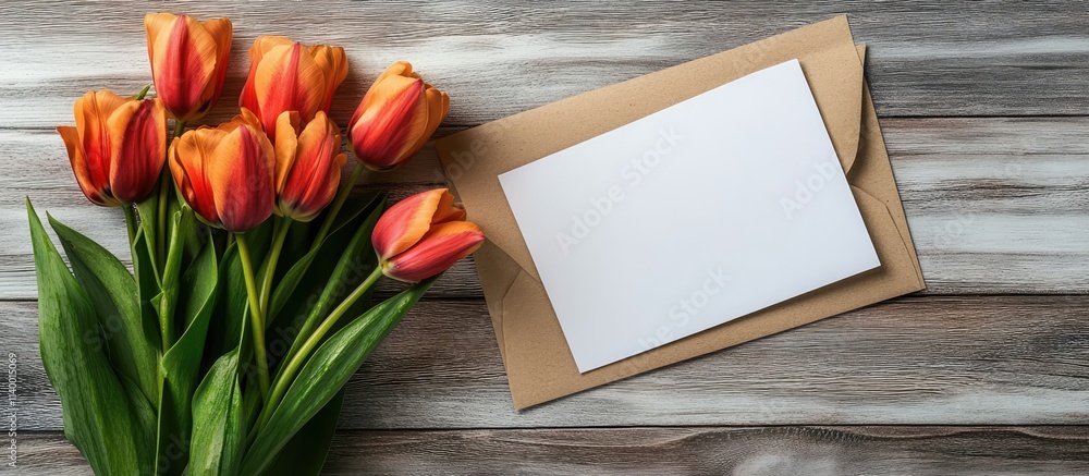 Poster bouquet of vibrant tulips on a rustic wooden background with an empty greeting card space ideal for 
