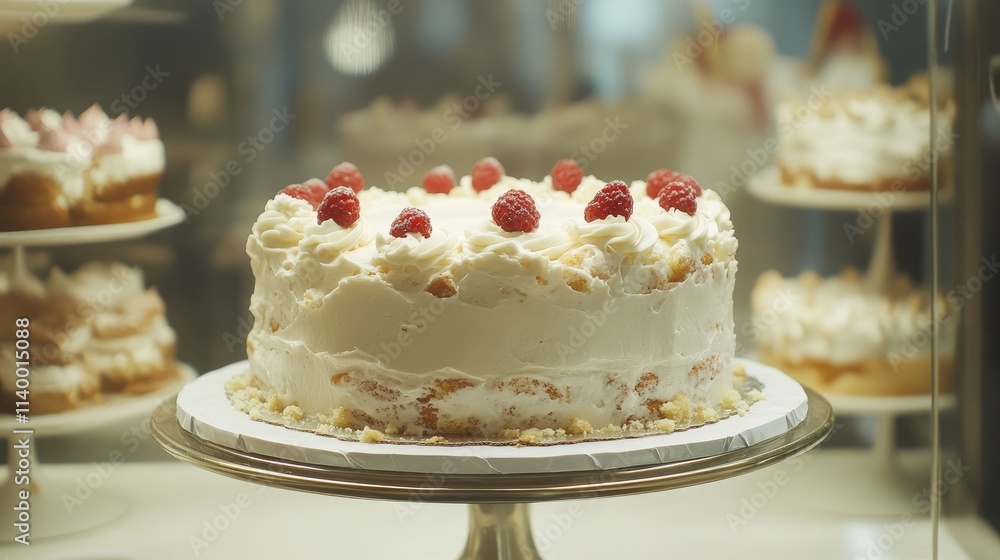 Poster delicious cake with whipped cream and raspberries displayed in a bakery showcase inviting sweet trea