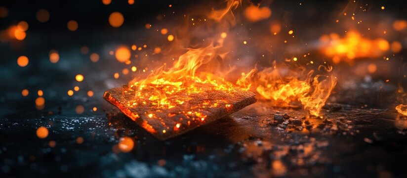 Dynamic flames consuming a flat surface with sparks and glowing embers creating an intense fiery scene in low light conditions.