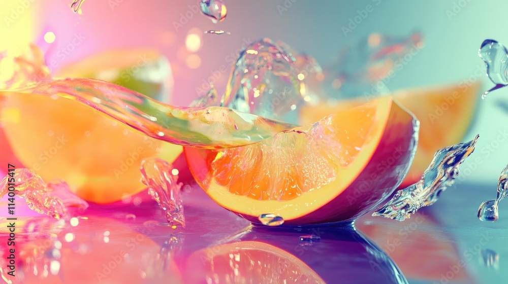 Poster citrus fruits splashing in water with vibrant abstract background creating a refreshing and colorful