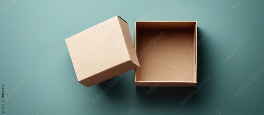 Poster gift box with open lid on teal background showcasing empty interior for customizable text or design 