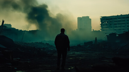 Fototapeta premium Man standing amidst the ruins of a destroyed city.