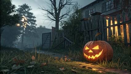 Carved pumpkin with a glowing face resting on the ground near a spooky house, enhancing a mysterious and eerie halloween atmosphere while evoking feelings of autumnal celebration