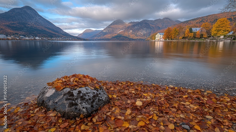 Poster serene autumn lake scene with colorful foliage and mountains in the background.