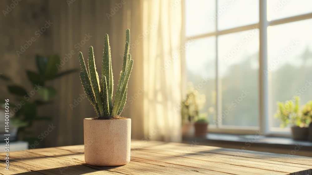 Poster cactus in a modern pot on a wooden table with sunlight streaming through a window creating a warm an